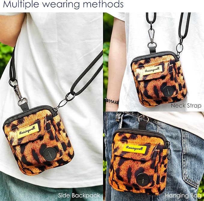 Dog Treat Pouch for Pet Walking and Training with Clicker Poop Bags and Double Bag Design Small Fanny Zipper Pack Holder for Puppy Snack Dispenser Kit for Leash and Outdoor Use Leopard Print-PawvioPets