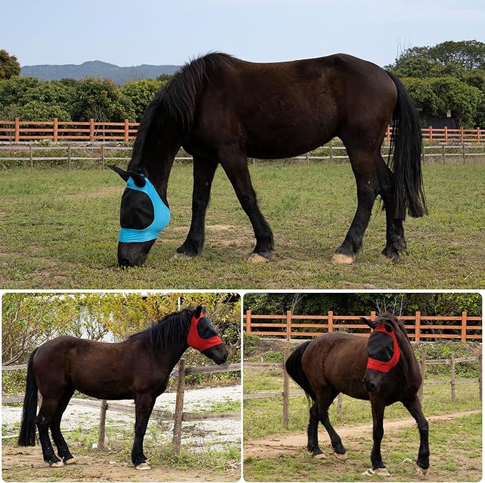 2 Piece Horse Fly Mask with Ears, Comfortable Fit Stretch Fabric Big Eye Space Soft Breathable with UV Protection for Full Horses (Red-Blue)-PawvioPets