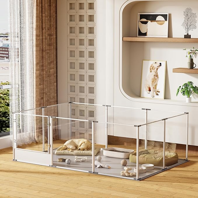 Dog Clear Playpen Fence Kennel: 10Panels Indoor Transparent Whelping Box Pen Cage with Waterproof whelping pad - Extra Long Acrylic Exercise Kennel with Metal Frame for Cats Puppy Rabbits Guinea Pig-PawvioPets