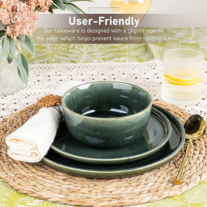 GBHOME Ceramic Dinnerware Sets for 6, 18 Pieces Stoneware Plates and Bowls Sets, Reactive Glaze Dishes -Scratch Resistant, Dishwasher&Microwave Safe, Earth Green-PawvioPets