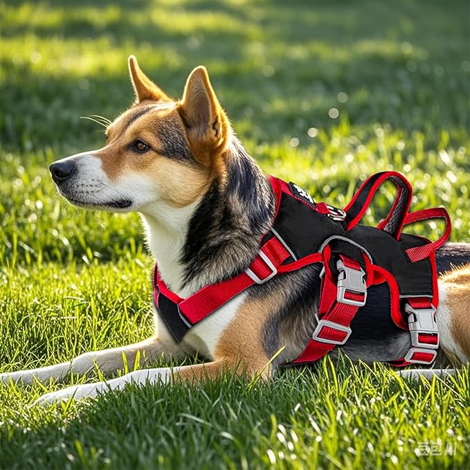 Escape Proof Dog Harness, No Pull Reflective Adjustable Vest with Easy Control Lift Handle, No Choke Soft Padded Breathable Full Body Pet Harness for Walking Hiking and Training (Red, Small)-PawvioPets