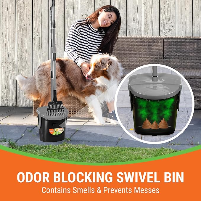 Dog Pooper Scooper with Bag Attachment, 40" Long Handle Pooper Scooper for Large Dogs, Dog Poop Scoop for Yard, Large Capacity Swivel Bin and Rake, Lavender Scented Bags (Grey)-PawvioPets