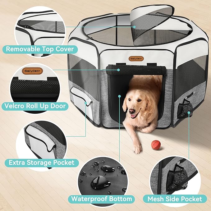 Dog Playpen, Portable Pet Play Pen Foldable Carrying Case, Puppy Pens Outsid for Small Cat Indoor/Outdoor, Removable Mesh Shade Cover-PawvioPets