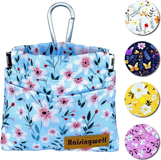 Dog Treat Pouch, Small Cotton Pocket Sized Training Holder, Hand Free Walking Fanny Bag with Carabiner, Self-Closing Pet Feed Snack Reward, Behavior Aids for Puppy Travel or Outdoor Use-PawvioPets