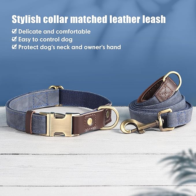 Didog Soft PU Leather Dog Collars for Medium Dogs,Classic Adjustable Dog Collars with Quick Release Metal Buckle,Easy Clean and Comfortable with Nylon Lining,Blue,M Neck 13-19"-PawvioPets