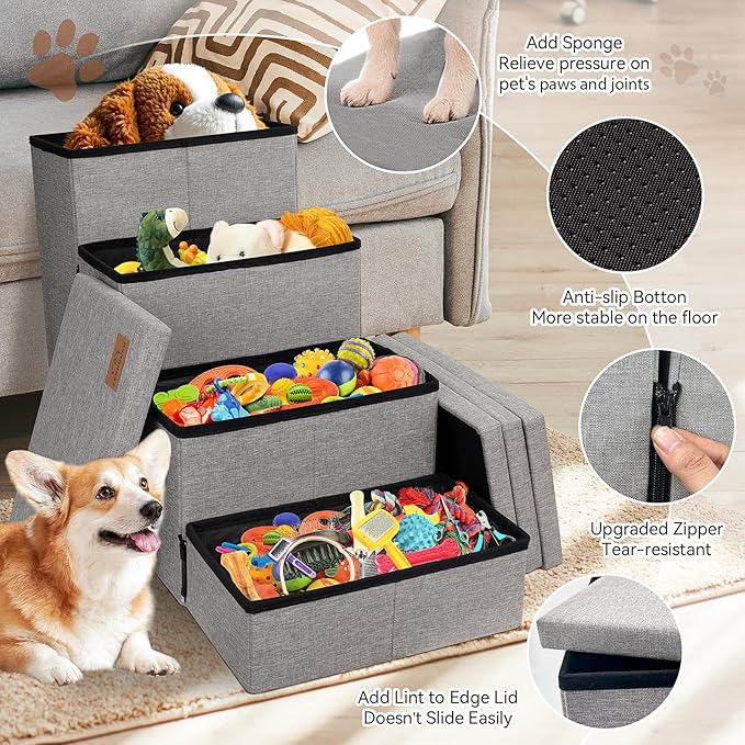 Dog Stairs with Storage 23" H, 4-Step Wider Dog Steps for High Beds Window, Folding Sturdy Pet Stairs Gift for Injured Old Dogs Cats, Ramp for Climbing Car Up to 200 lbs,(Gray, No Condo)-PawvioPets