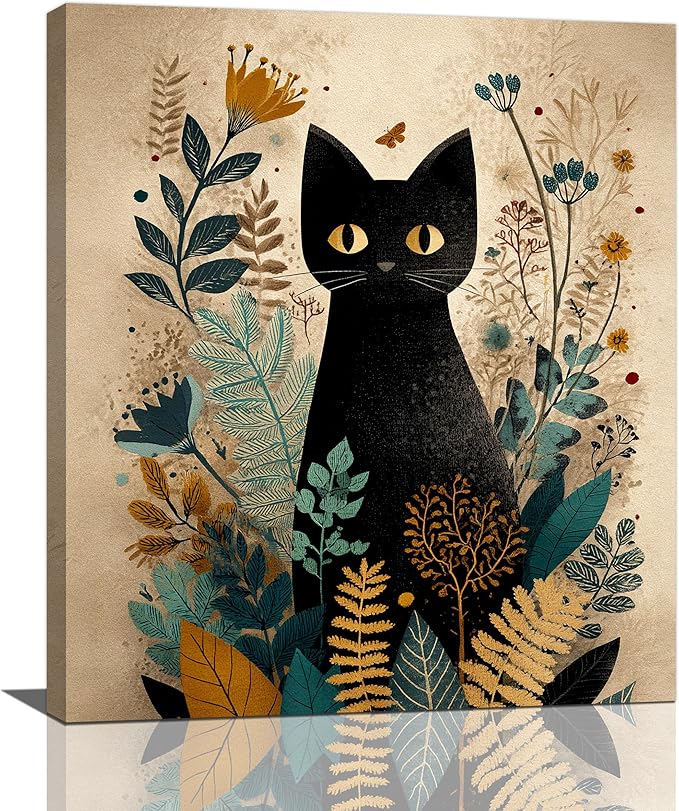 Boho Black Cat Wall Art Kitten Botanical Wall Decor Mid Century Modern Canvas Painting Print Minimalist Pictures Artwork Framed Decorations Gifts for Cat Lover Bathroom Nursery Living Room Bedroom Kitchen 24"x20"-PawvioPets