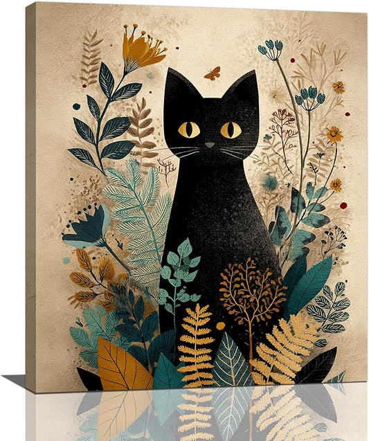 Boho Black Cat Wall Art Kitten Botanical Wall Decor Mid Century Modern Canvas Painting Print Minimalist Pictures Artwork Framed Decorations Gifts for Cat Lover Bathroom Nursery Living Room Bedroom Kitchen 24"x20"-PawvioPets