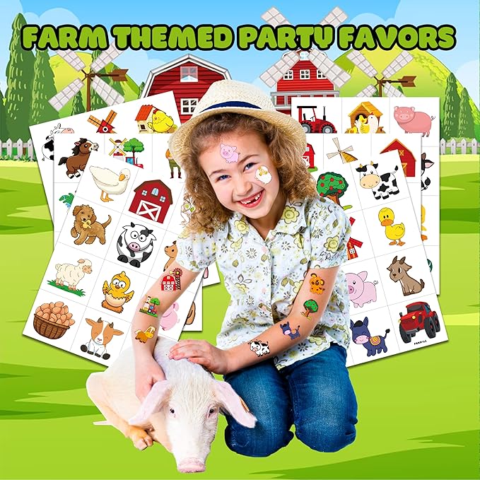 72 PCS Farm Barnyard Animal Pre-Cut Temporary Tattoos Sticker Birthday Decorations Party Supplies Favors Gift Boy Girl Farmhouse Cow Chicken Tattoo School Reward Themed (Normal)-PawvioPets