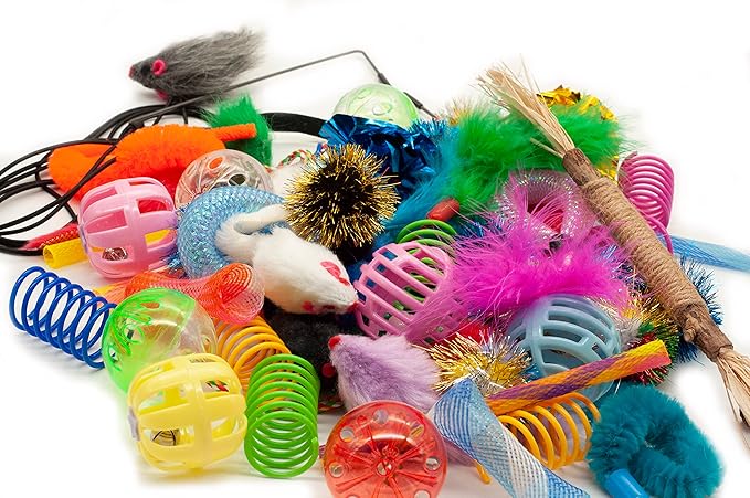 Fashion's Talk Cat Toys 50 Pcs for Indoor Cats,Interactive Door Hanging Mice Feather Toy Cat Spring Toy Cat Wand Catnip Crinkle Balls Silvervine Sticks Balls Kitten Toys Bulk-PawvioPets