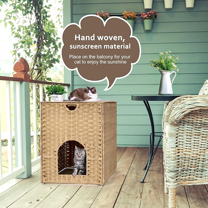 Cat Litter Box Enclosure with Litter Trapping Mat; Handwoven Plastic Rattan Cat House; No Installation Hidden Cat Washroom; Pet Crate for Balcony,Bedroom,Living Room-PawvioPets