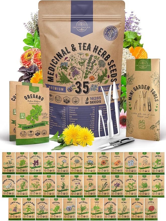 35 Medicinal & Tea Herb Seeds Variety Pack for Indoor & Outdoors. 16,335+ Non-GMO Heirloom Garden Seeds: Anise, Bergamot, Borage, Cilantro, Chamomile, Dandelion, Rosemary Seeds & More-PawvioPets