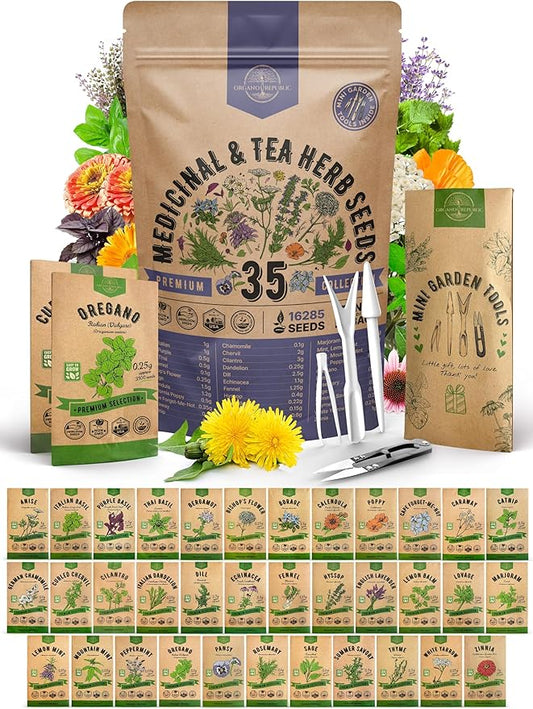35 Medicinal & Tea Herb Seeds Variety Pack for Indoor & Outdoors. 16,335+ Non-GMO Heirloom Garden Seeds: Anise, Bergamot, Borage, Cilantro, Chamomile, Dandelion, Rosemary Seeds & More-PawvioPets
