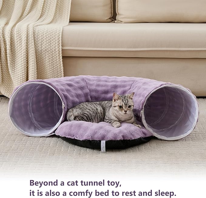 Bubble Cat Tunnel for Indoor Cats, Round Peekaboo Cave Toy with Dangling Balls, Donut Tunnel Bed with Circle Mat for Puppy Kitten Rabbit, Dusty Purple-PawvioPets