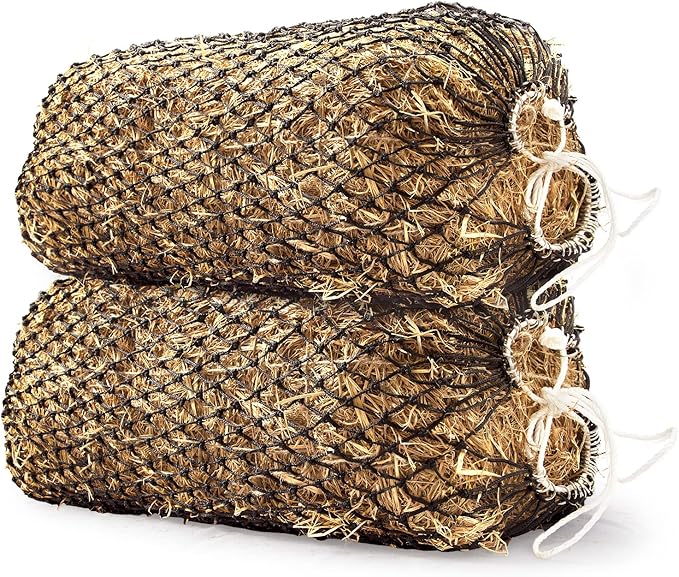 Bloomoak Slow Hay Net Feeder for Horses, Durable Soft Black PE 2/3 String Hay Bales Bags, Fit 36x18x18 to 47x25x17 Inches, Extends 50-64 Inches (2 1.6" Hole/2PC)-PawvioPets