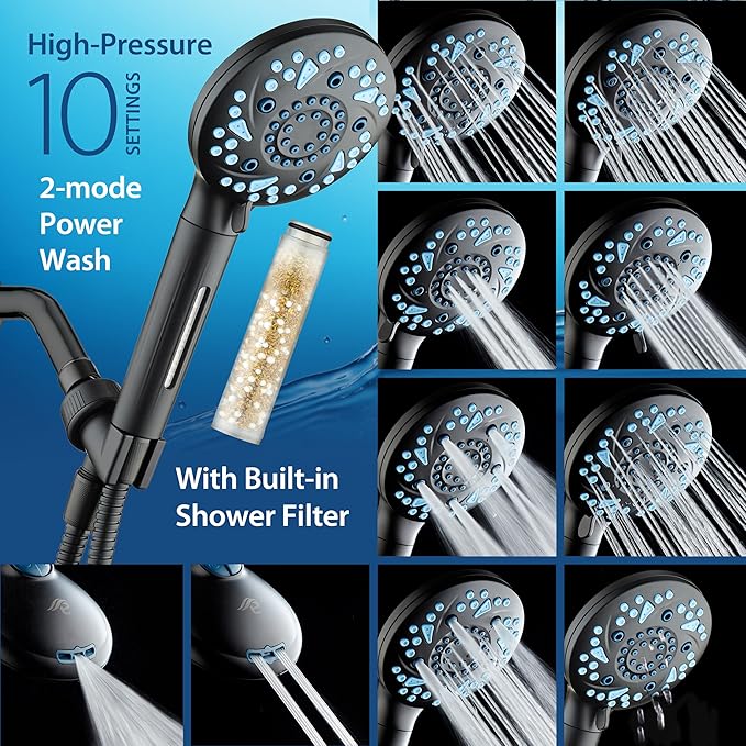 AquaCare High Pressure 10 Spray Mode Filtered Showerhead - Handheld Shower Head Filters Chlorine to Heal Dry Skin, Revive Hair - Dual Power Wash Cleans Tub, Tile, Pets - Hard Water Softener, Black-PawvioPets