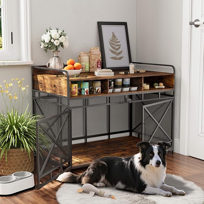 Dog Crate Furniture, 48" Heavy Duty Wooden Dog Crate End Table, XL Dog Kennel Furniture Large Breed, Decorative Dog Kenne Indoor with 3 Drawers & Steel Tubes 48" L x28 W x36 H (Rustic Brown)-PawvioPets