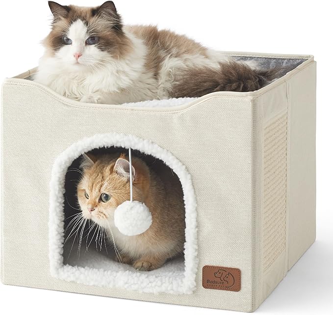 Bedsure Cat Beds for Indoor Cats - Large Cat Cave for Pet Cat House with Fluffy Ball Hanging and Scratch Pad, Foldable Cat Hideaway, 16.5x16.5x13 inches, Ivory-PawvioPets