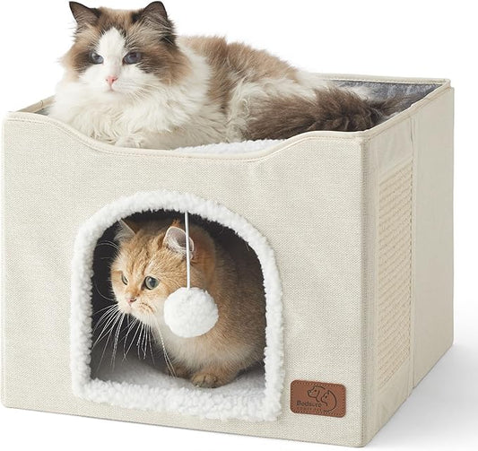 Bedsure Cat Beds for Indoor Cats - Large Cat Cave for Pet Cat House with Fluffy Ball Hanging and Scratch Pad, Foldable Cat Hideaway, 16.5x16.5x13 inches, Ivory-PawvioPets