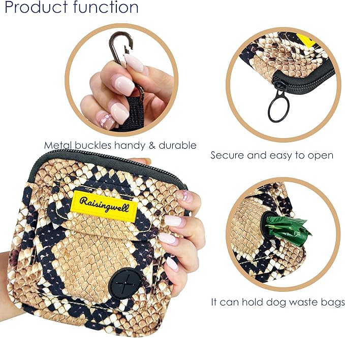 Dog Treat Pouch for Pet Walking and Training with Clicker Poop Bags and Double Bag Design Small Fanny Zipper Pack Holder for Puppy Snack Dispenser Kit for Leash and Outdoor Use Snake Skin-PawvioPets