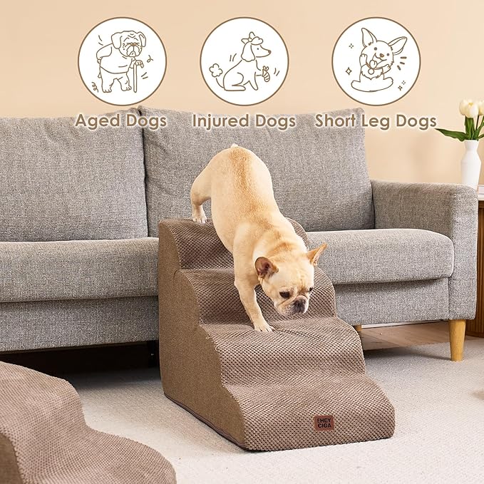 EHEYCIGA Curved Dog Stairs Ramp for High Beds 19.7" H, 4-Step Dog Steps for Small Dogs and Cats, Pet Stairs for High Bed Climbing, Non-Slip Balanced Pet Step Indoor, Camel-PawvioPets