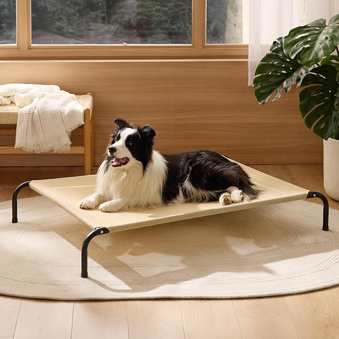 Bedsure Outdoor Elevated Dog Bed Large Sized Dog, Portable Indoor & Outdoor Cooling Raised Cot Pet Hammock Bed with Skid-Resistant Feet, Frame with Breathable Mesh, Khaki, 49 inches-PawvioPets