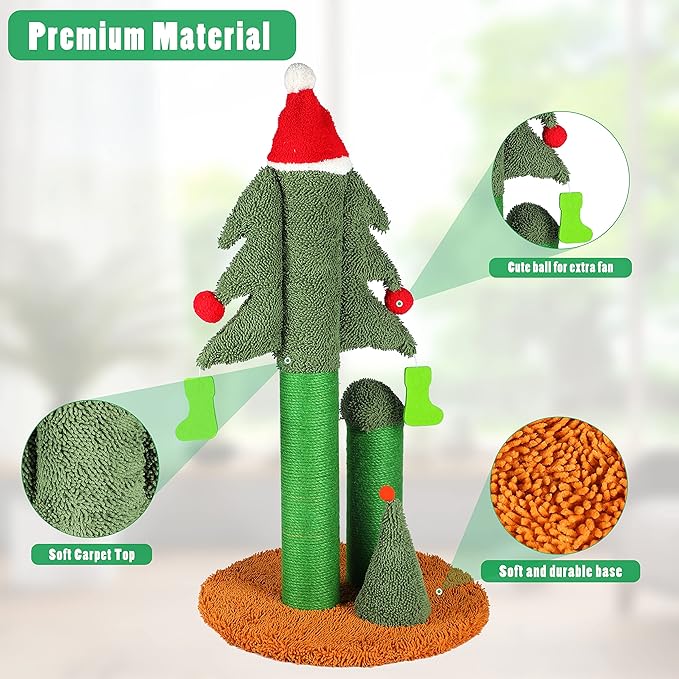 32” Cat Scratching Post, Tall Christmas Tree Cat Scratcher with 3 Posts and Cute Dangling Teaser Balls, Natural Sisal Rope Cat Toys for Kitty and Adult Cats-PawvioPets