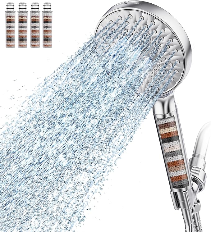 Filtered Shower Head with Handheld, High Pressure 9 Spray Mode Chrome Showerhead with 4 Filters, Detachable Shower Head, Water Softener Filters Beads for Hard Water - Remove Chlorine-PawvioPets