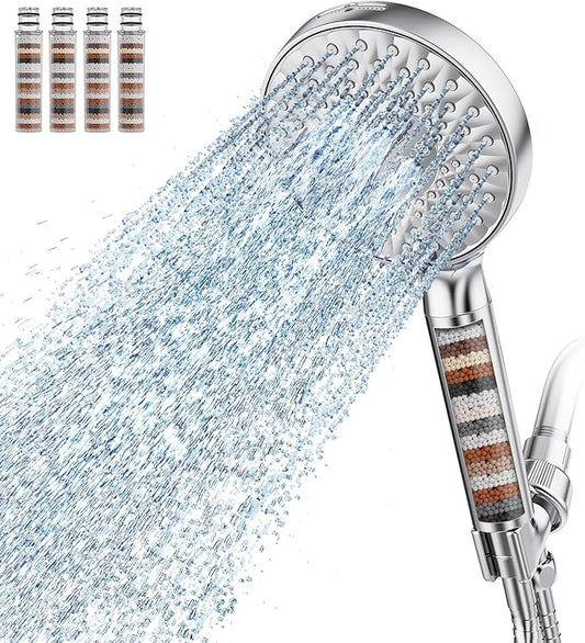 Filtered Shower Head with Handheld, High Pressure 9 Spray Mode Chrome Showerhead with 4 Filters, Detachable Shower Head, Water Softener Filters Beads for Hard Water - Remove Chlorine-PawvioPets
