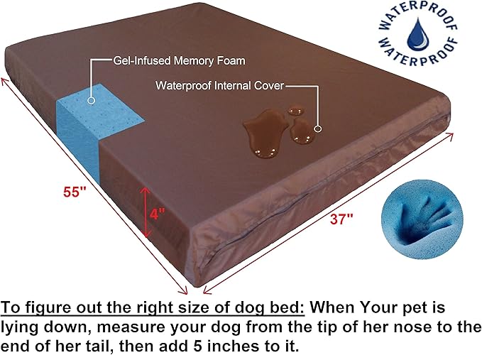 Dogbed4less Luxury XXL Orthopedic Memory Foam Dog Bed for Extra Large Dogs with Durable Waterproof Internal Case, Removable Washable Denim Cover and Bonus Pet Bed Spare Cover, 55X37X4 Inches, Brown-PawvioPets