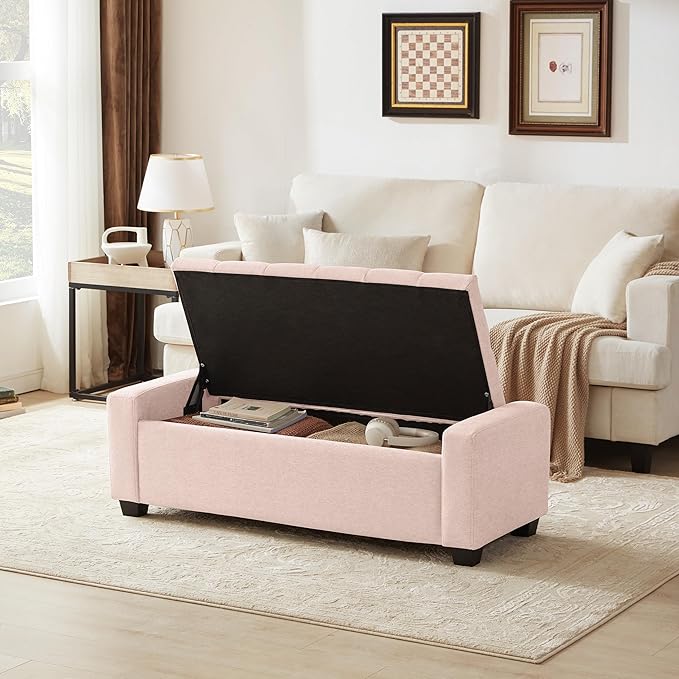 48" Ottoman with Storage, Pink Storage Ottoman Bench with Safety Hinge, Upholstered Entryway Bench with Seating for Bedroom, Living Room, Holds up to 330 lb-PawvioPets