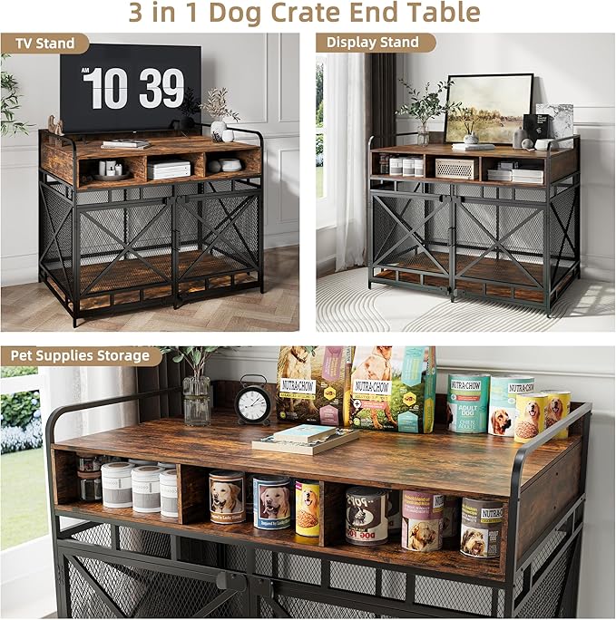 Dog Crate Furniture, 43" Heavy Duty Wooden Dog Crate End Table, XL Dog Kennel Furniture Large Breed, Decorative Dog Kenne Indoor with 3 Drawers & Steel Tubes 43" L x28 W x36 H (Rustic Brown)-PawvioPets