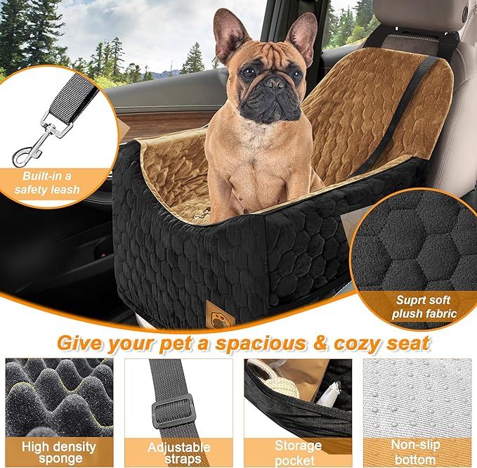 Dog Car Seat for Small/Medium Dogs, Memory Foam Dog Booster Seat, Travel Safety Per Car Seat with Washable Removable Cover, Storage Pockets for Dogs up to 35 lbs(BlackBrown)-PawvioPets
