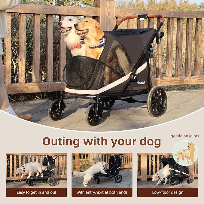 Dog Stroller for Large Dogs One-Click Folding 4 Wheel Foldable Dog Stroller for 2 Dogs with Storage Pocket Suitable for Pets Up to 110LBS (Black, Large)-PawvioPets