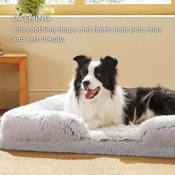 Bedsure Orthopedic Dog Beds Large Sized Dog - Washable Large Dog Cat Bed Waterproof, Comfort Dogs Couch Sofa with Washable Removable Cover, Pet Bed with Nonskid Bottom, Long Faux Fur-Misty Grey, 35"-PawvioPets