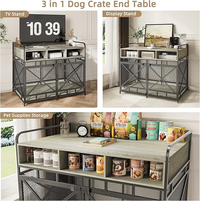 Dog Crate Furniture, 43" Heavy Duty Wooden Dog Crate End Table, XL Dog Kennel Furniture Large Breed, Decorative Dog Kennel Indoor with 3 Drawers & Steel Tubes 43" L x28 W x36 H (Grey)-PawvioPets