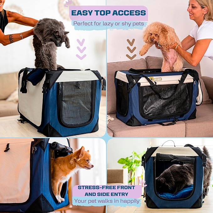 Extra Large Dog Cat Puppy Carrier 24"x16"x16" Foldable Soft Sided Travel Crate Portable Pet Kennel With Cushion Reduces Anxiety Saves Space Easy Vet Visits Secure Triple Entry Mesh Lightweight Durable-PawvioPets