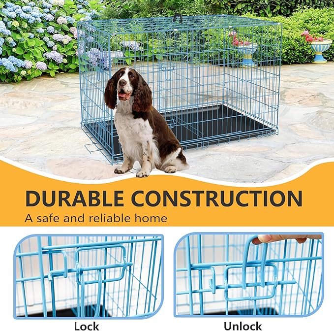 FDW Dog Crate for Medium Dogs 36 Inch Folding Metal WirePet Cage Double Door W/Divider Panel Indoor Outdoor Kennel Leak-Proof Plastic Tray,Blue-PawvioPets