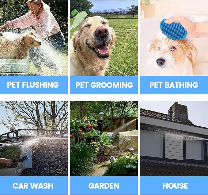 Dog Washing Hose Attachment, 10-in-1 Soap Sprayer Moden Garden Hose Nozzle with 100cc Soap Dispenser, Dog Wash Supplies with Dog Bath Brush & Pet Comb, Foam Gun Car Wash Sprayer (Blue)-PawvioPets