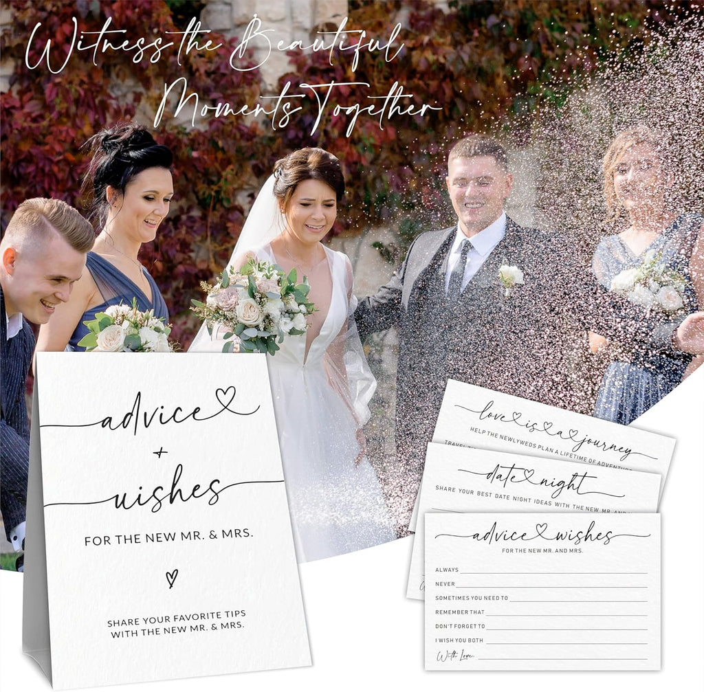 Wedding Advice Cards - Wishes For The New Mr & Mrs Wedding Advice Sign -A Standing Sign With 3 Types Of 4 x 6 Advice Cards -Bride and Groom Newlyweds Bridal Shower Decoration,Games(White) - C01