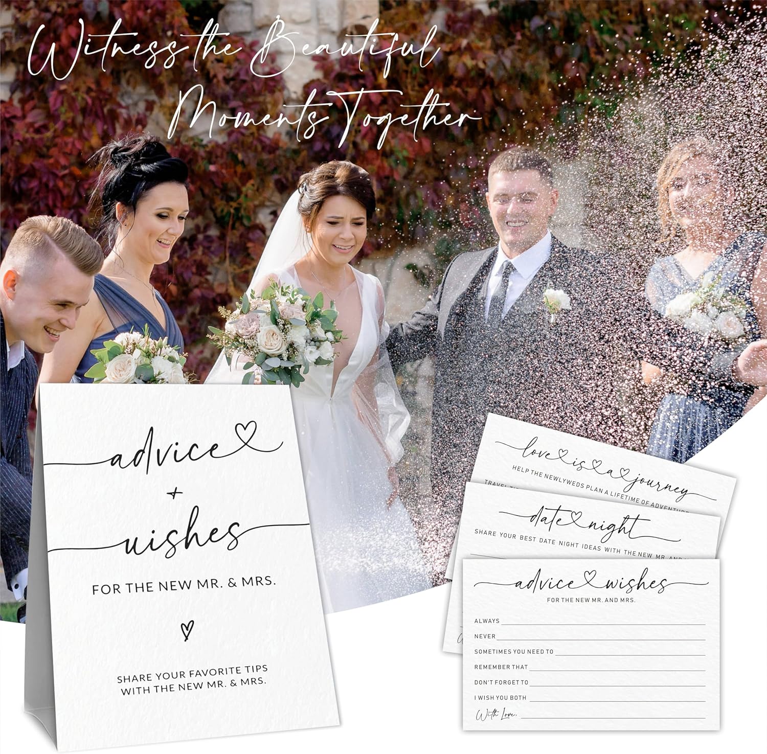 Wedding Advice Cards - Wishes For The New Mr & Mrs Wedding Advice Sign -A Standing Sign With 3 Types Of 4 x 6 Advice Cards -Bride and Groom Newlyweds Bridal Shower Decoration,Games(White) - C01