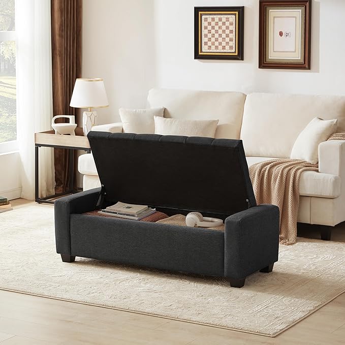 48" Ottoman with Storage, Storage Ottoman Bench with Safety Hinge, Upholstered Entryway Bench with Seating for Bedroom, Living Room, Holds up to 330 lb, Dark Gray-PawvioPets
