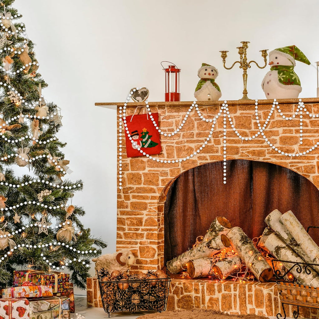 100 Feet White Christmas Tree Garland, Artificial Beads Strands Chain, Christmas Tree Decorations for DIY Xmas Tree Decorations Fireplace Balcony Home Party Decor