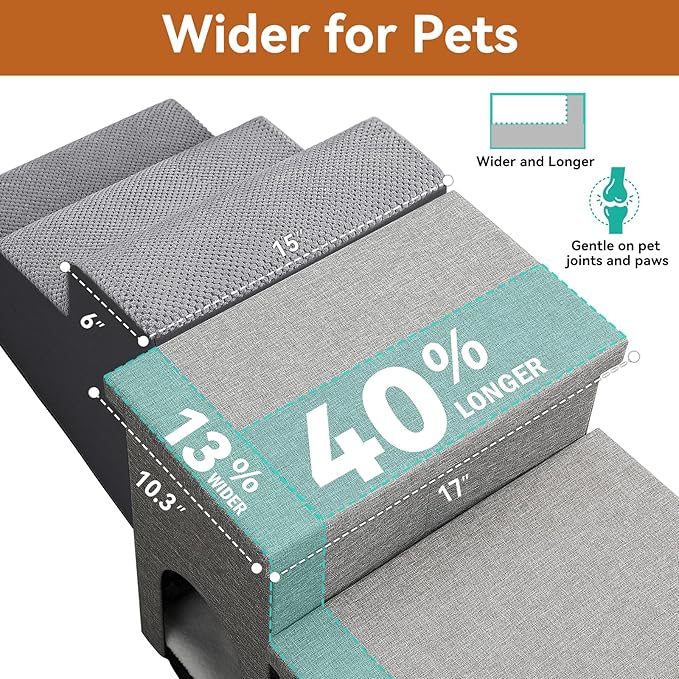 Dog Stairs 15" H, 2-Step Wider Dog Steps for Small/Medium/Large Old Dogs Cats, Folding Sturdy Storage Pet Stairs Climbing Bed Couch, Dog Ramp for Car Hold Up to 150 lbs(Gray, with Condo)-PawvioPets