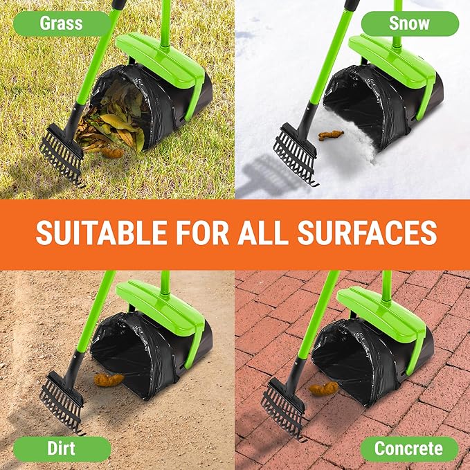 Dog Pooper Scooper with Bag Attachment, 40" Long Handle Pooper Scooper for Large Dogs, Dog Poop Scoop for Yard, Large Capacity Swivel Bin and Rake, Lavender Scented Bags (Green)-PawvioPets