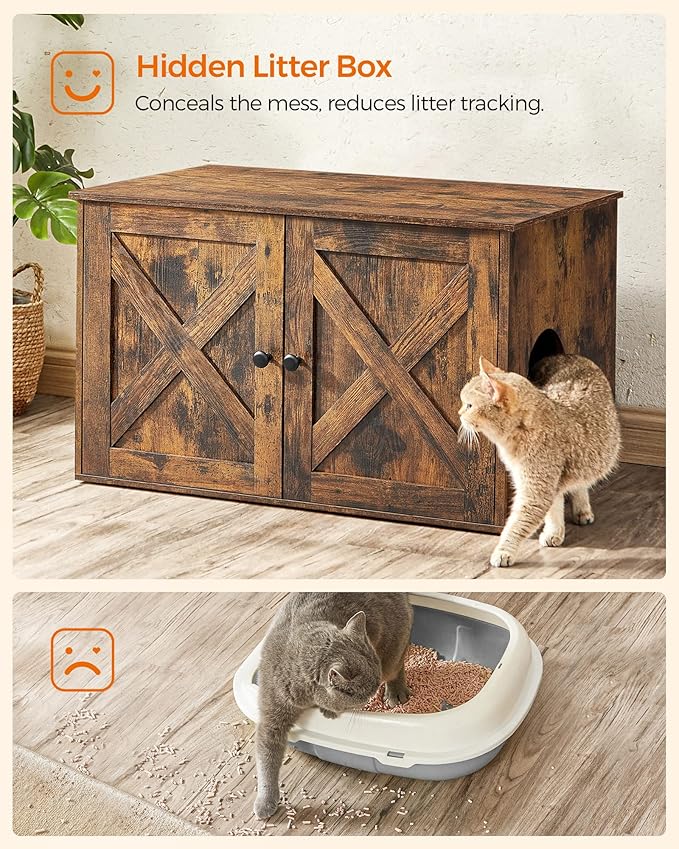 Feandrea Cat Litter Box Enclosure, Litter Box Furniture Hidden with Removable Divider, Indoor Cat House, End Table, 31.5 x 20.9 x 19.7 Inches, Rustic Brown UPCL002X01-PawvioPets