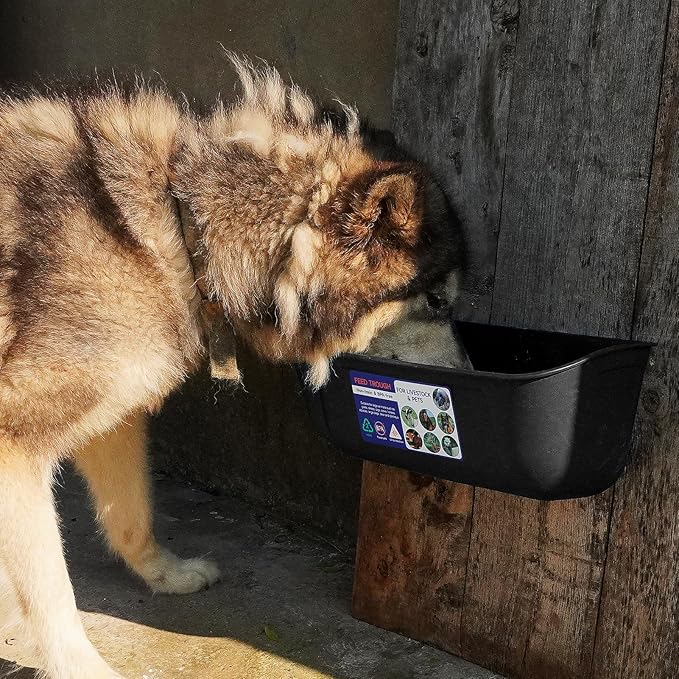 Goovilla Large Feed Trough, Hanging or Screw-in Fence Feeder with Clips, 2 Pack 9 Quart Goat Feeder Supplies, Dog Horse Hog Pig Livestock Poultry Plastic Feeder Trough Bucket for Large Animal, Black-PawvioPets