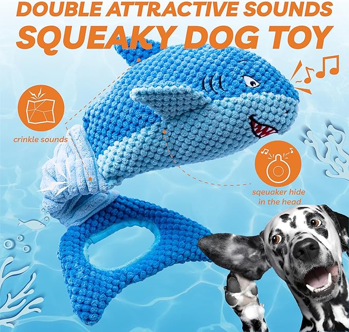 Dog Toys for Large Dogs, Squeaky Dog Toys for Aggressive Chewers, Plush Dog Chew Toys for Teething, Interactive Shark Dog Toys to Keep Them Busy Tug Of War Puppy Toys for Small,Medium,Large Breeds-PawvioPets