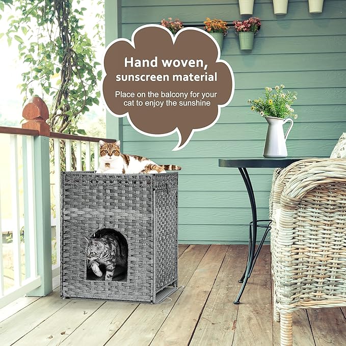 Cat Litter Box Enclosure with Soft Litter Mat; Hidden Kitten Washroom Furniture with Door; Handwoven Rattan Cat House; Pet Crate for Living Room, Bedroom, Balcony (Grey)-PawvioPets