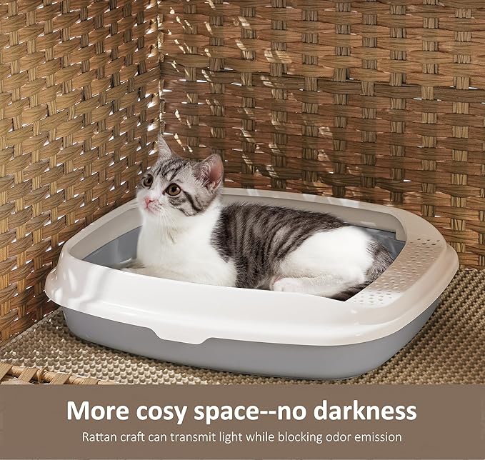 Cat Litter Box Enclosure with Soft Litter Mat; Hidden Cat Washroom Furniture with Door; Handwoven Rattan Kitten House with Large Space; Pet Crate for Living Room, Bedroom, Balcony (Natural)-PawvioPets
